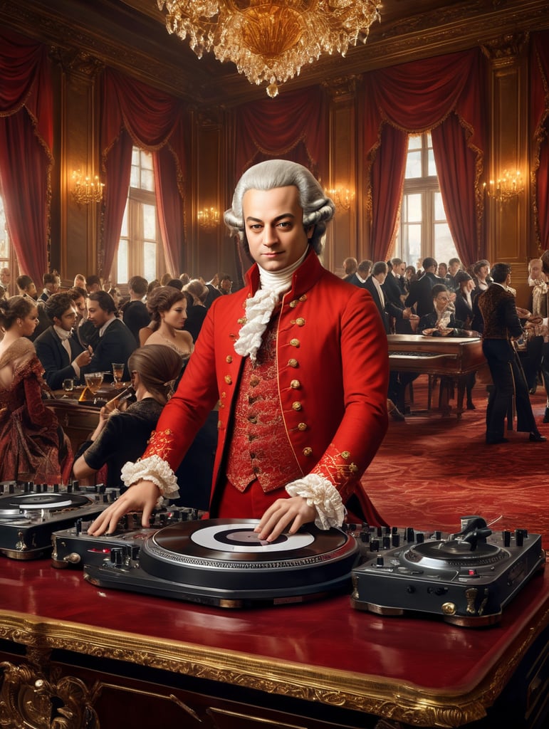 Wolfgang Amadeus Mozart in a 18th century red suit making music on a DJ table, Against the background of the interior of the palace full of guests, studio photo, professional photo, Bright and rich colors, Detailed image, detailed face,