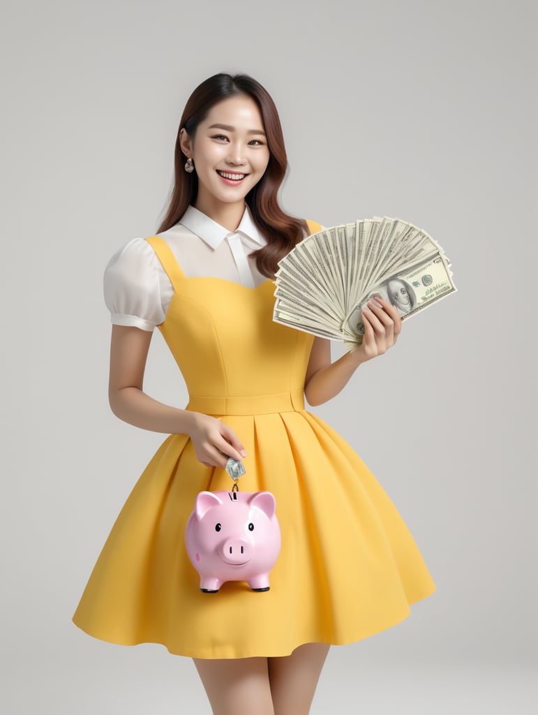 4k high resloution hd image,Korean woman happy smile lady and holding piggy bank with money, dresses yellow, isolated over white background