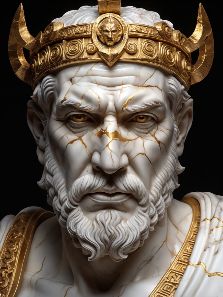 A cracked white marble sculpture of a Greek God head with gold inside, studio lighting, dark background