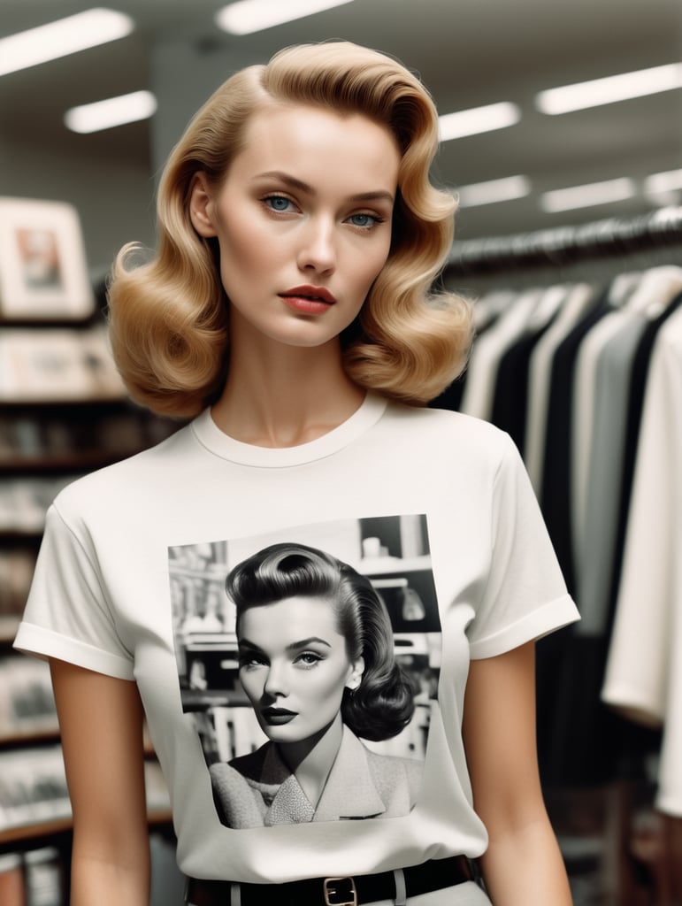 Extremely detailed photographic image, grained image, beautifully composed, monochrome image, 50's fashionable image, fashionable magazine photography, leica summicron 35mm f2.0, kodak 400tx, fashion photography, fashionable model, william s. burroughs, Woman wearing blank white T-Shirt in Clothing Store Mockup, mock up