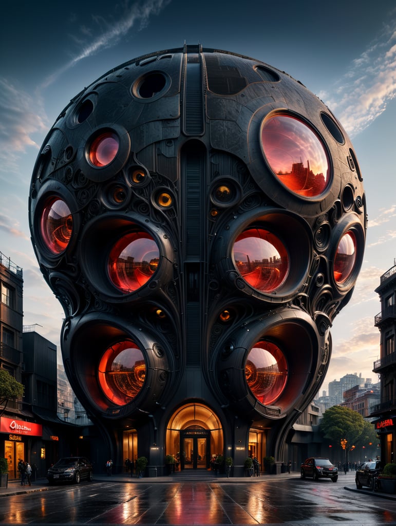 the craziest, bentwood, far view lens architectural modern style hyper realistic hyper detailed neocosmic exterior architecture design of a alien Fluid complex facade, geometric shapes spectrum, black::1 red:3, Antoine Blanchard architecture art style, in new York city, dramatic ambient, natural lighting