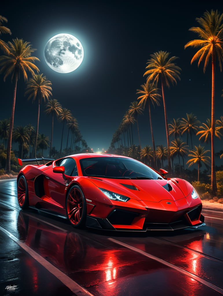 Modern red supercar, night, long road, palmtrees, shining moon, 64k