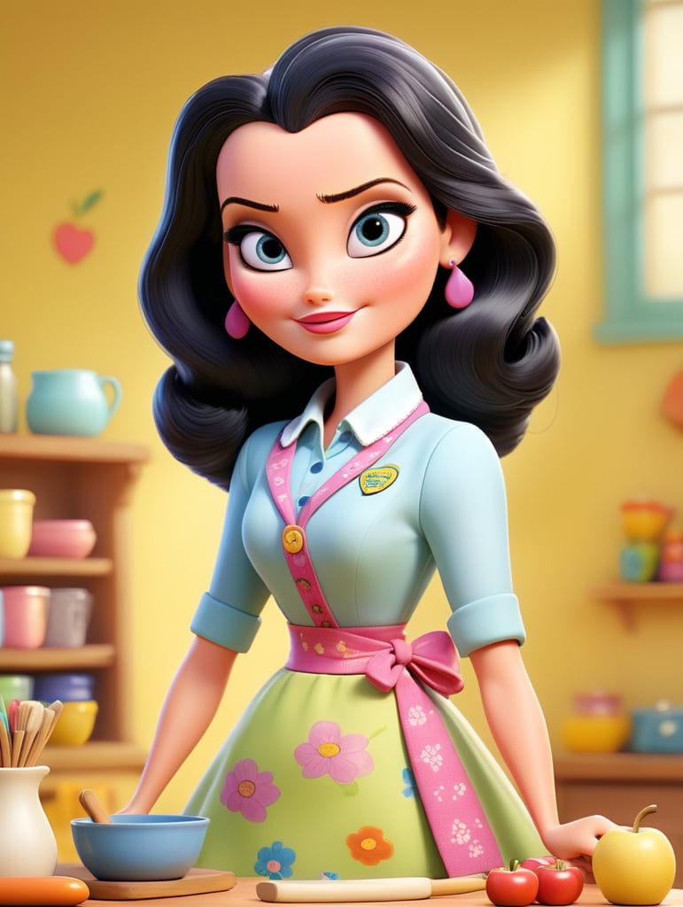 Drawing of an adult Barbie with a primary school teacher's apron, oval face with a thick body, white skin, straight black hair, black eyes