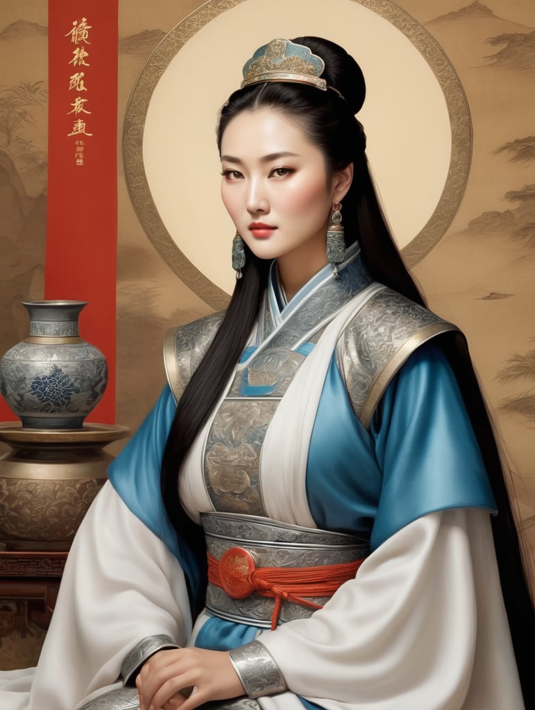 Genghis Khan’s daughter, managing the affairs of her husbands kingdom portrayed as a powerful and influential figure,(realistic pictures of a very beautiful Chinese woman)