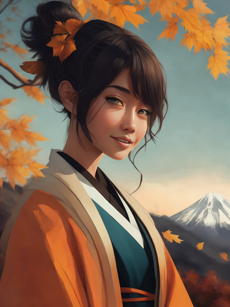 A cute and smiling Japanese girl in a white-gold kimono at sunset, Mount Fuji and autumn trees in the background in the distance. Miyazaki japan cartoon style details. clear, sharp and colorful high-resolution picture.