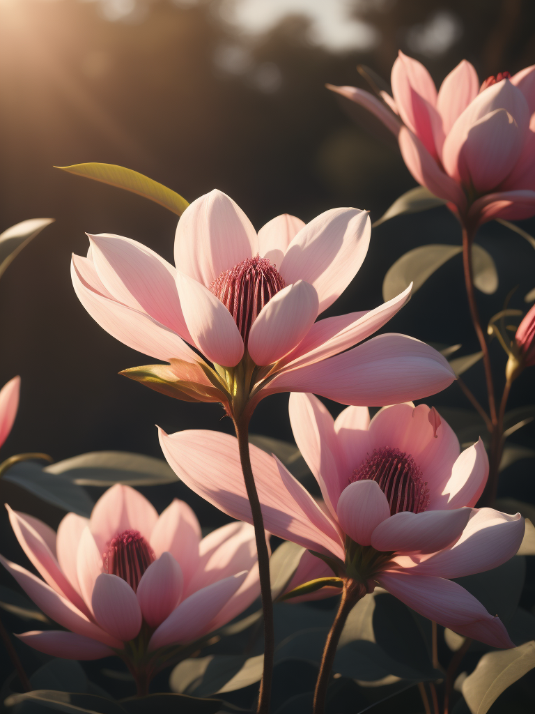 цветы магнолия розовая, светит солнце в саду