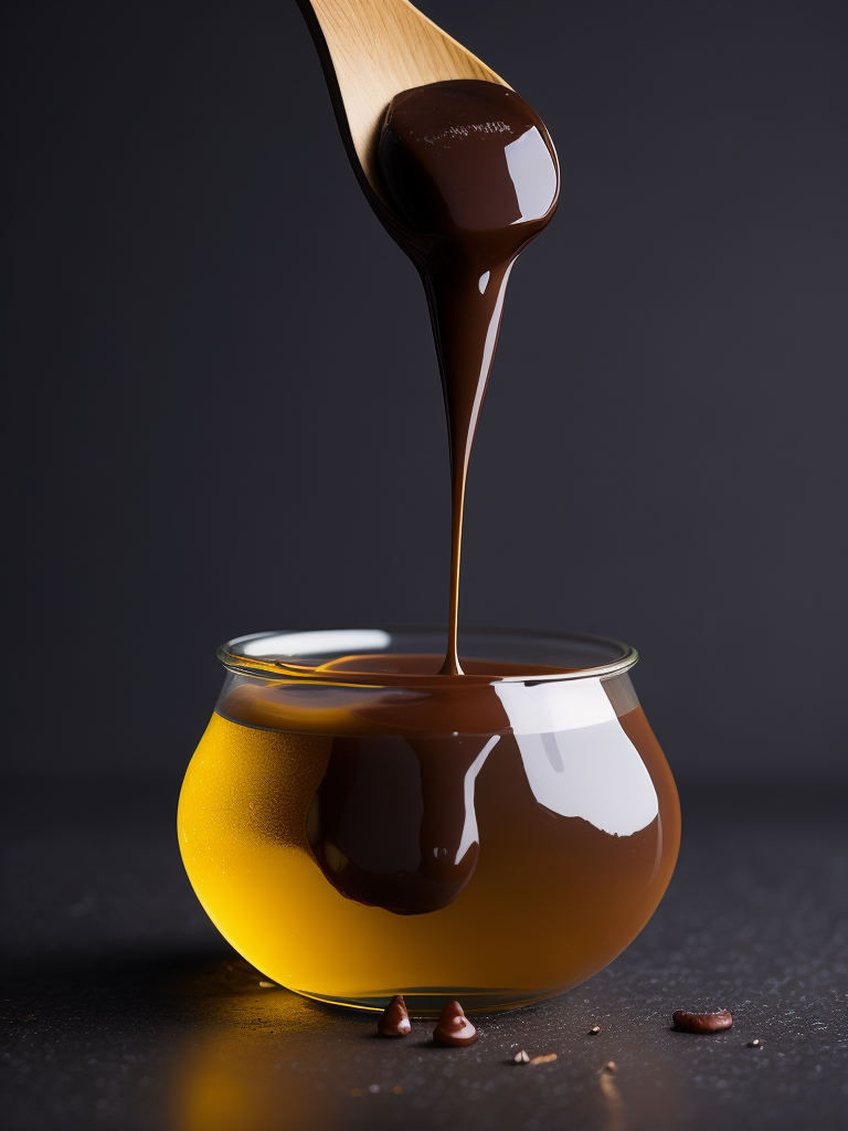 a photo of honey from the wooden spoon going down on the melted chocolate, deep purple background, deep atmosphere