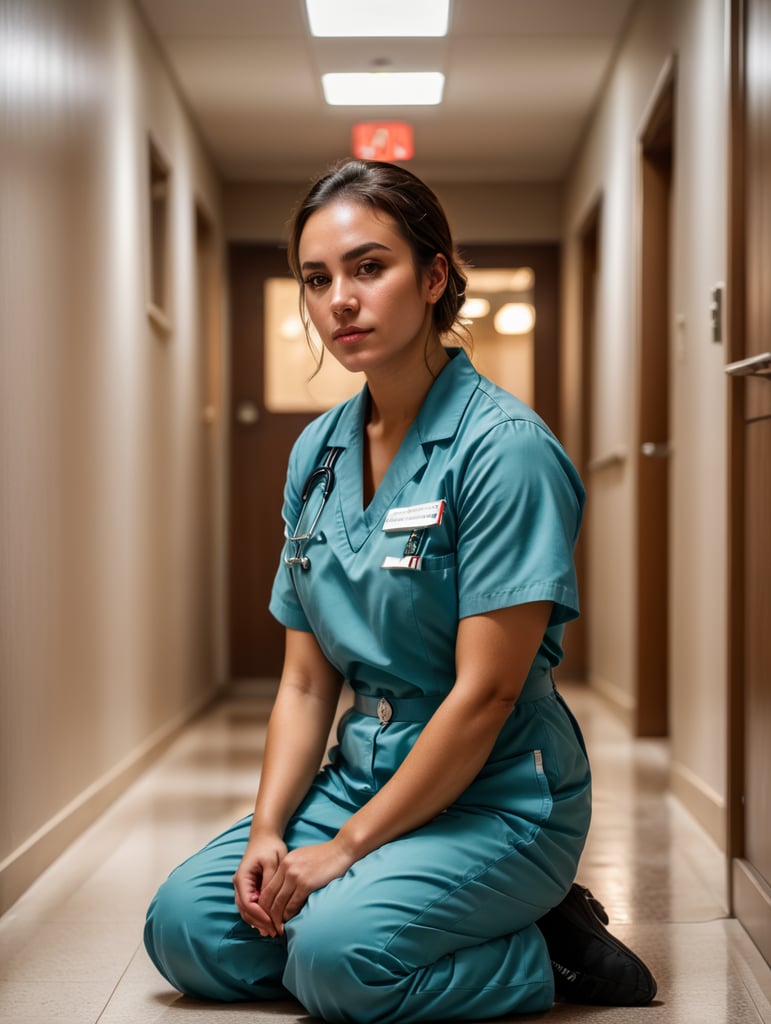 Portrait of a female working nurse, sitting on the floor in the hallway, sad face, sad colors and atmosphere, the light from the window illuminates her face, low angle photo