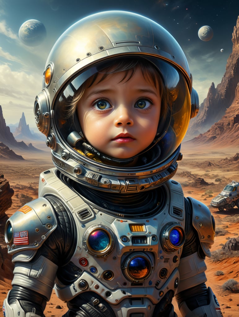 a child in a space suit with a surprised look on his face