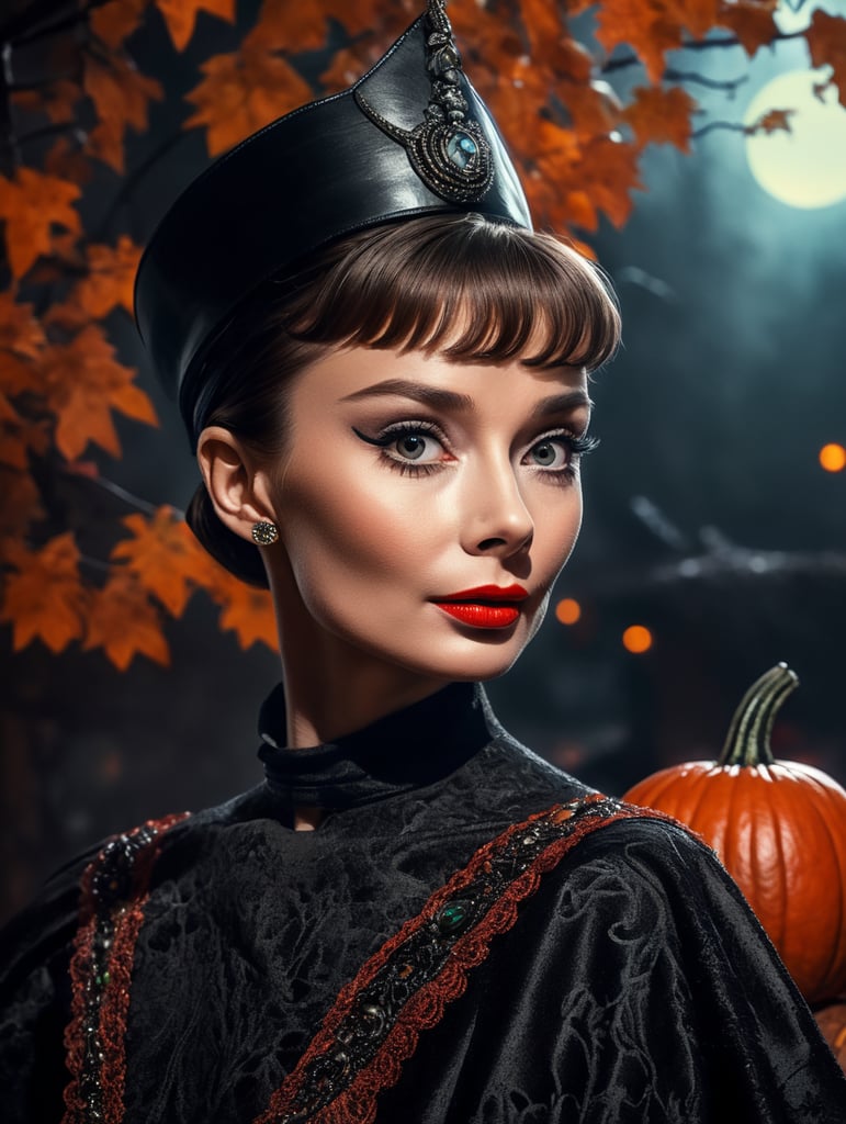 Audrey Hepburn as an evil character in spooky Halloween costume, Vivid saturated colors, Contrast color