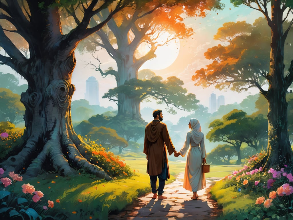 In a serene, sunlit garden, muslim couple stand beneath a towering oak tree. They face each other, holding hands, their eyes filled with deep affection. Around them, vibrant flowers and lush greenery symbolize growth and life. On the ground, an open Bible rests, its pages gently rustling in the breeze. This one frame scene encapsulates a love story rooted in faith, where love and spirituality intertwine, giving strength and depth to their connection.