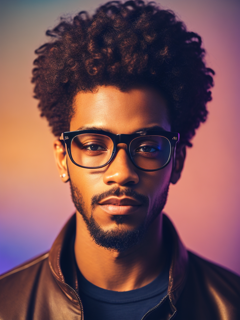 Detailed portrait of the singer the Weekend, Glasses with colored lenses, bright saturated colors, with a small beard, afro hairstyle, bright gradient background,