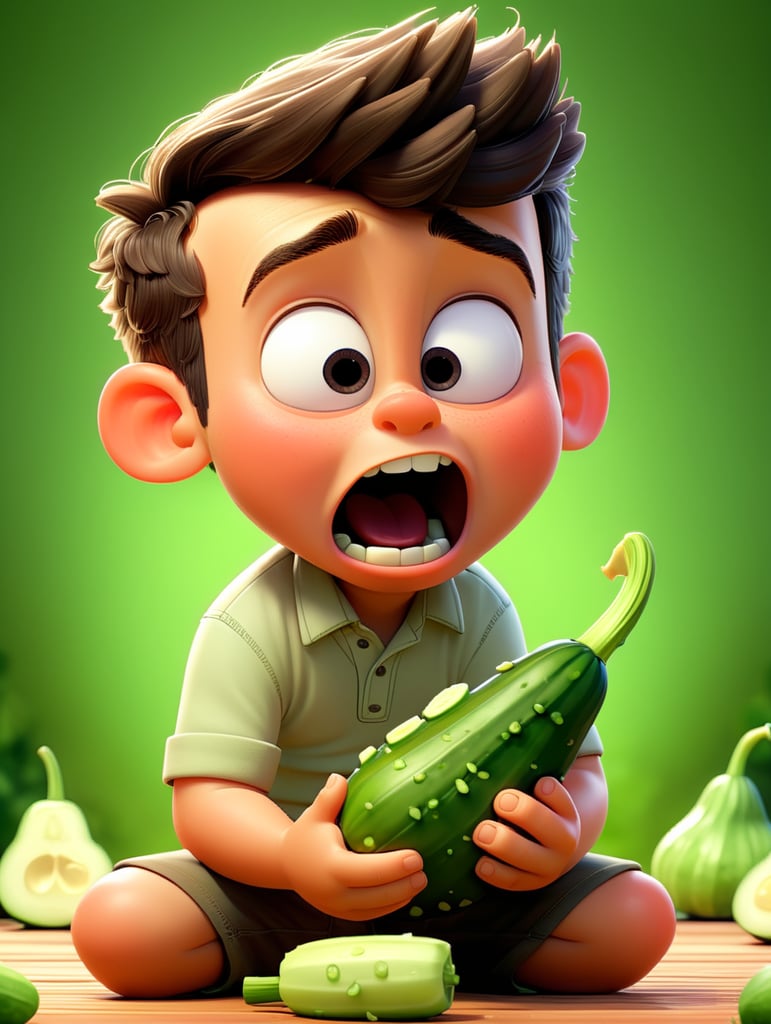 Crea un immagine di un bambino che mangia un cetriolo e scorreggia e fa svenire chi gli è vicino, inserisci alcuni adulti venuti per la puzza