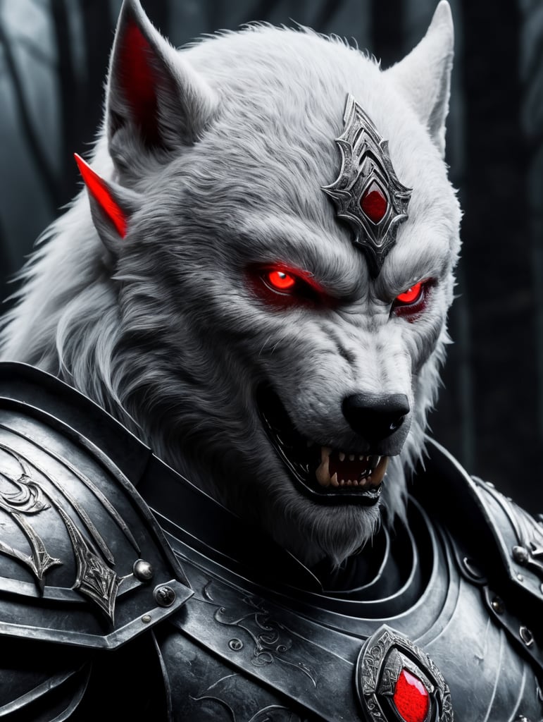 White werewolf elf assassin wearing armor with glowing red eyes