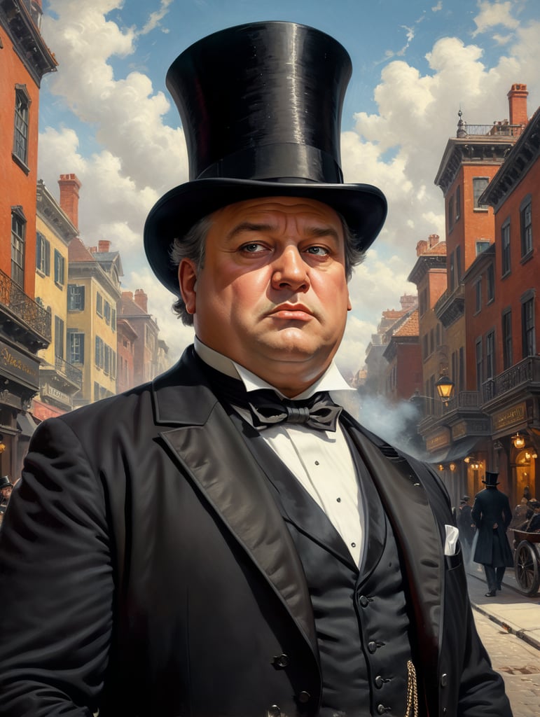 Portrait of a very rich obnoxious and polished fat businessman, wearing a black tailcoat and a black top hat, looking up with an arrogant look, standing in the middle of the street, early 19th century, style by Gil Elvgren