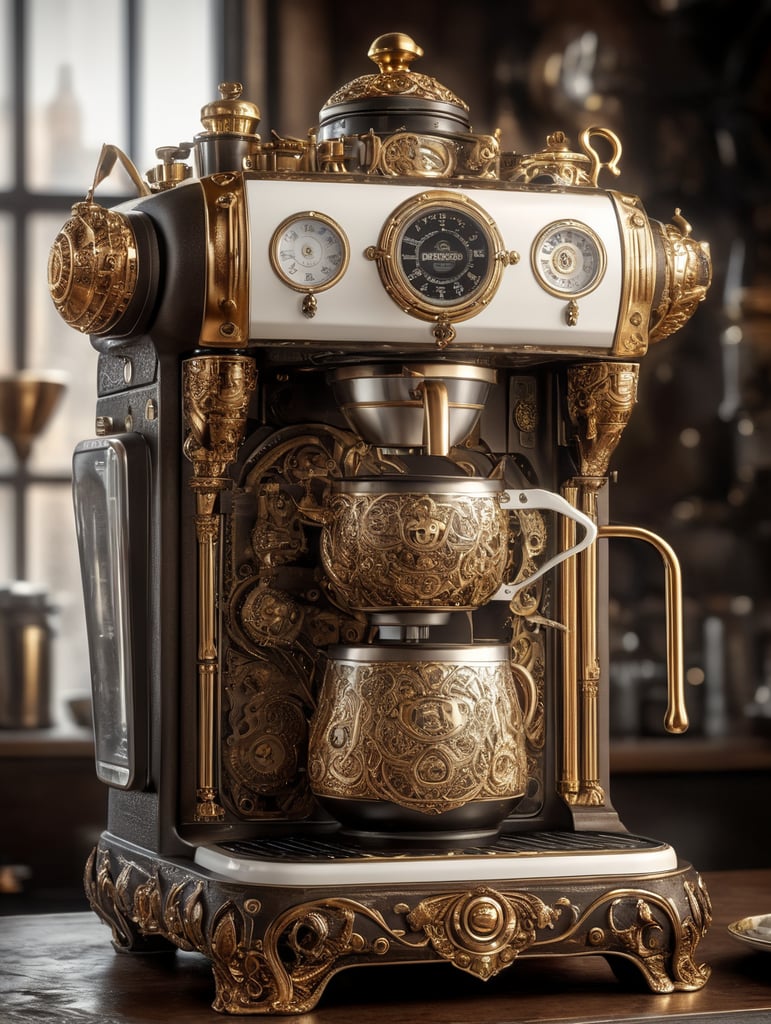 coffee maker made in steampunk style, decorated with gold, carved white plastic, ivory color, deep engraving