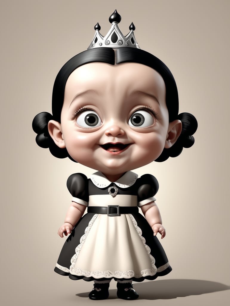 generate a cartoon style 3D image of baby Merlina Addams. She is on her birthday.