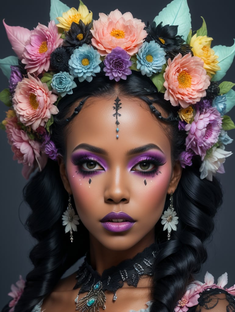 Hd photography, photograph, 3 4 pose, black woman, pastel gothic makeup, fairy goth, gothic style, pastel, beauty portrait, big flowers headband, big flower crown