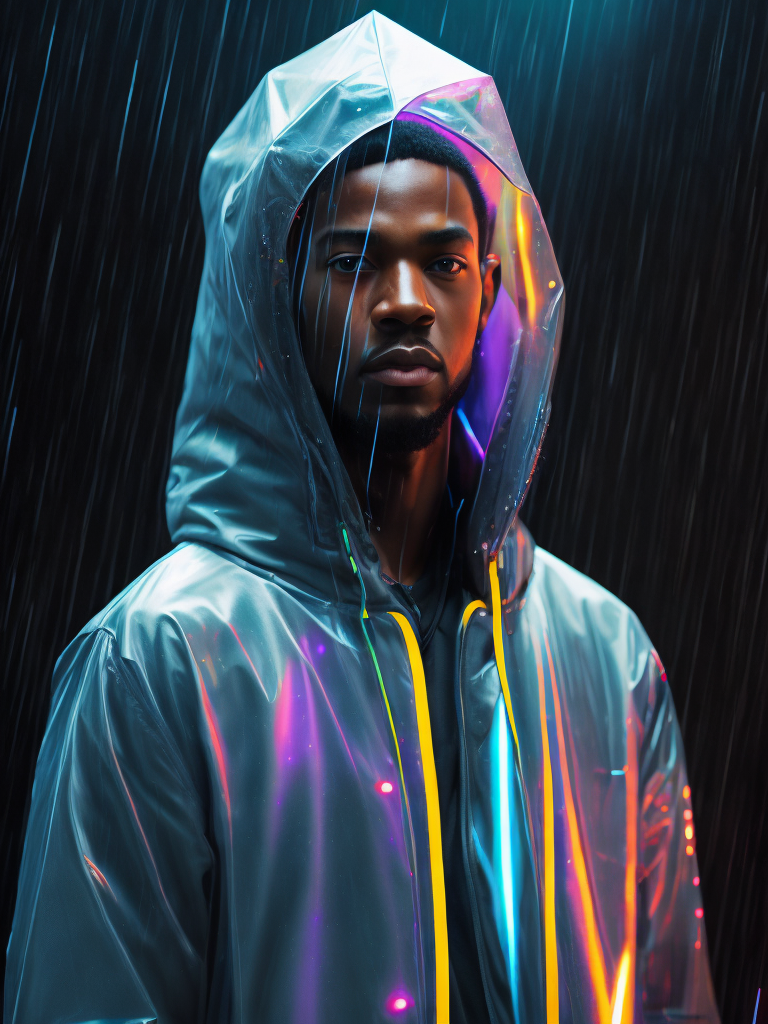 a black man wearing ((transparent raincoat)), under the rain, ultra realistic, neon lights