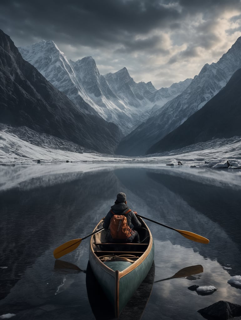 Kvinne i kano som padler kano på snødekt slette mellom høye fjell
