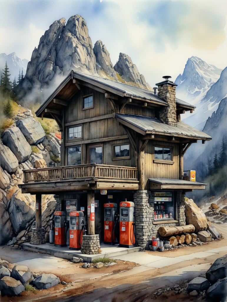 Watercolour sketch of a small mountain log gas station, rock, Stone modern, muted colours, by Jean-baptiste Monge