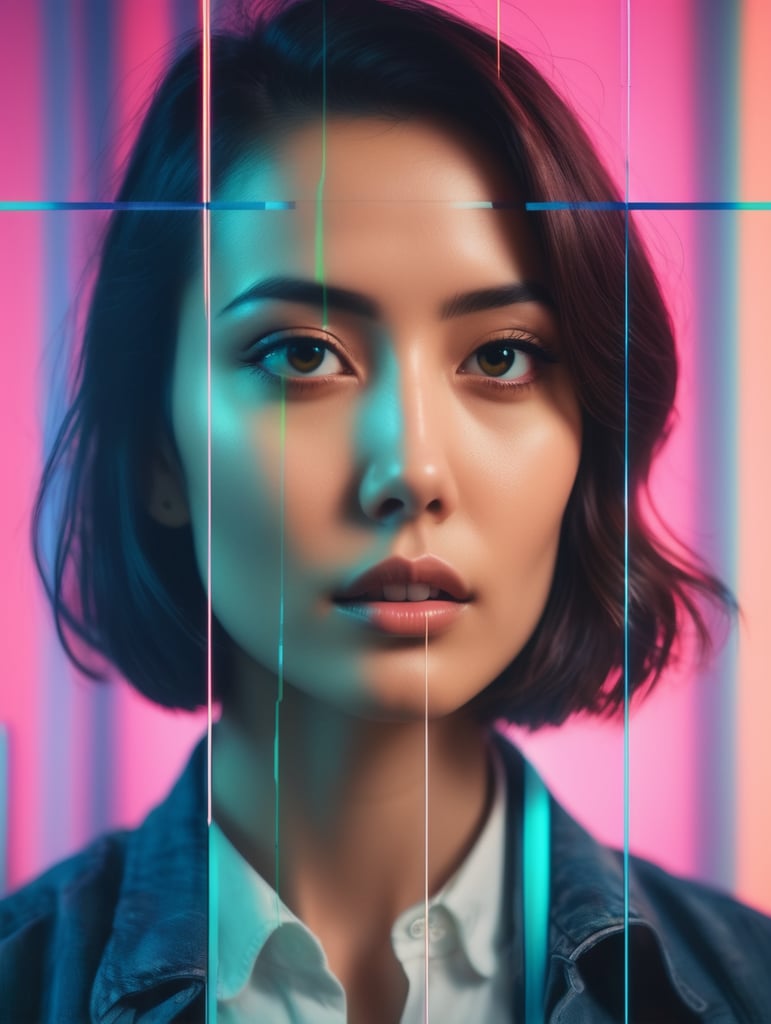 Shifting spectra, mixed multimedia portrait photography in retro-glitch art style, distorted graphics, spectacular neon lighting, additional contrast, cinematic risograph on three panels