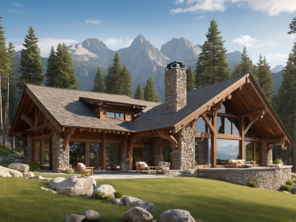 mountain house built of stone, with large windows, mountains in the background