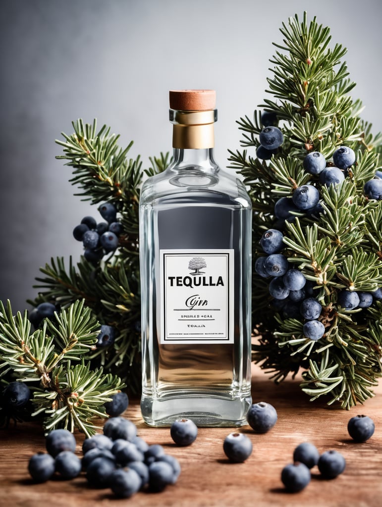 professional photography of a square gin bottle, square bottle, surrounding a juniper and juniper berries, one shot of tequila, salt, no label, clear, mockup