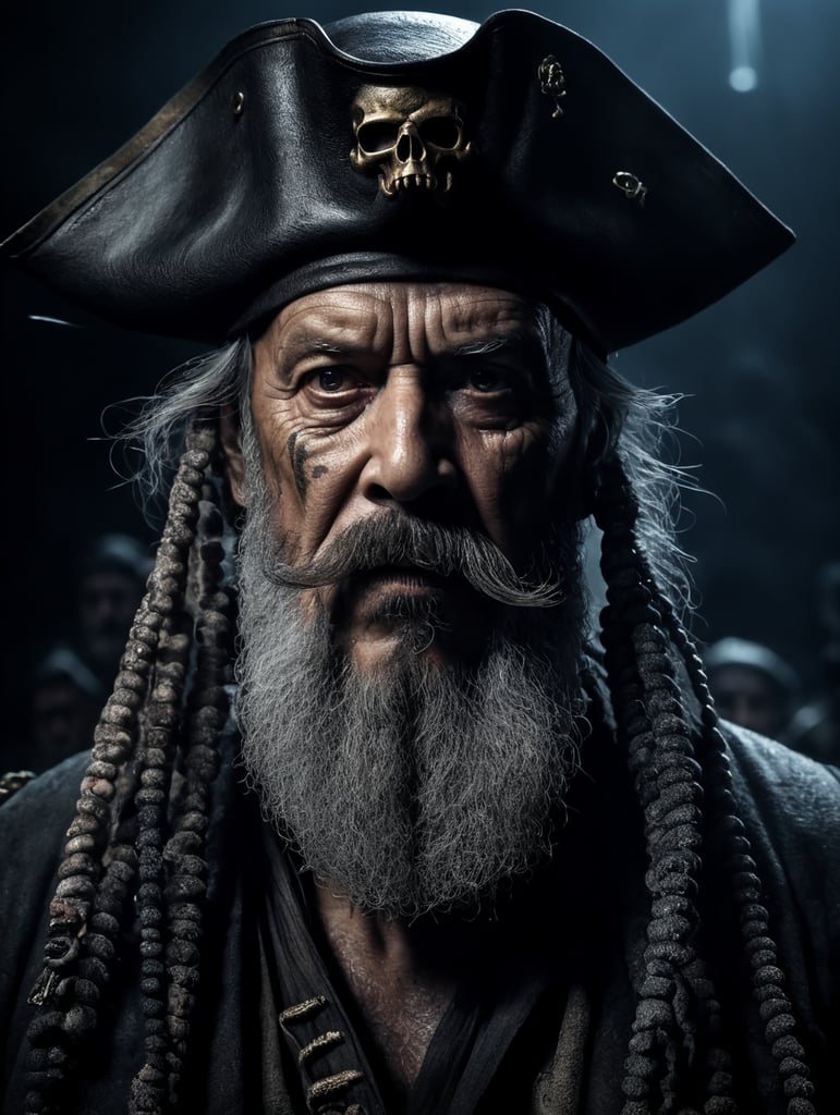 old pirate with octopus beard, dark scene, dark atmosphere, epic shot, sharp on details