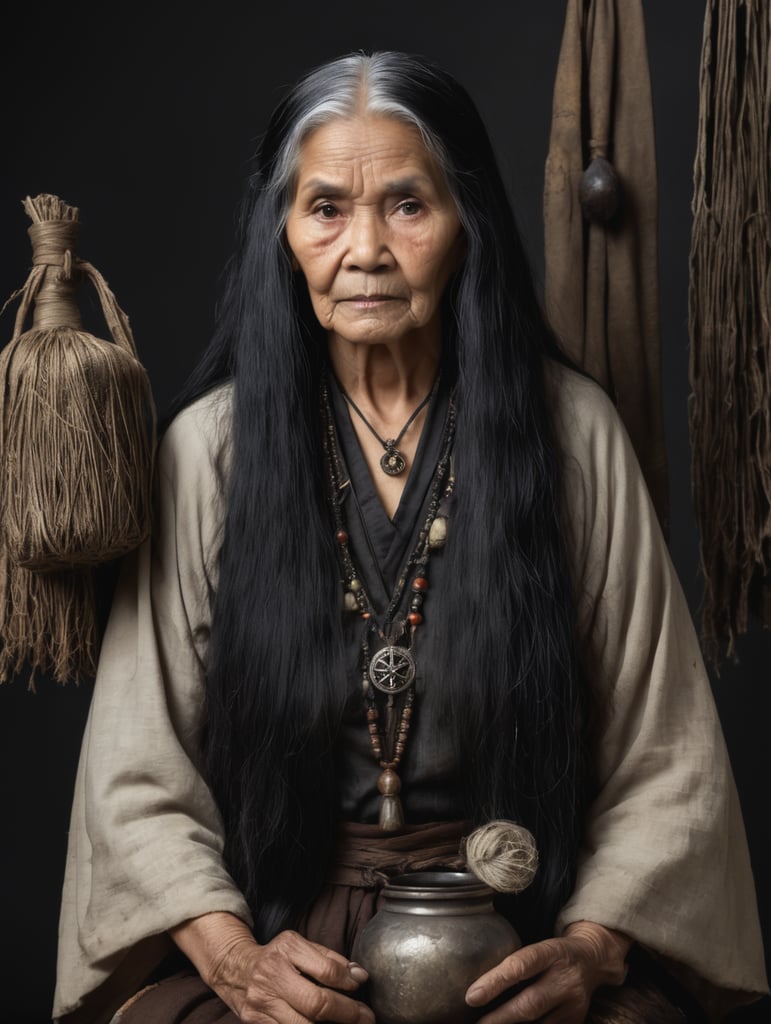 old woman, witch, front-facing portrait, tarnished and dirty clothes, long black hair, holding witchcraft items, Filipina woman, dark background