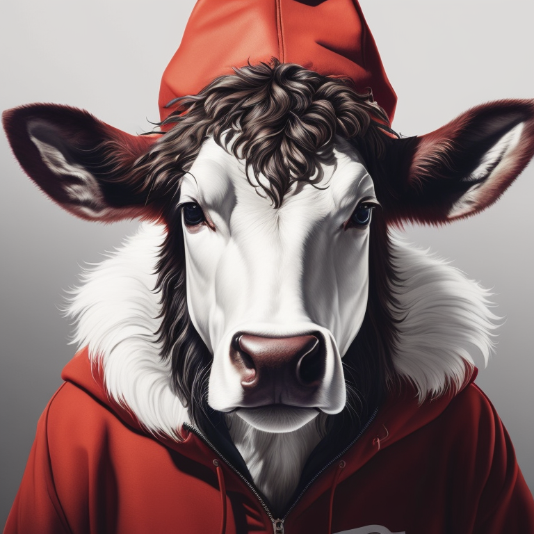 Hip Hop white cow,portrait, in red hoodie,mohawk, vintage style, gentle watercolor style, white isolated background,full face