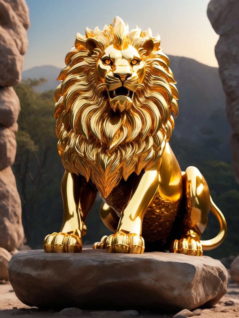 "A majestic hybrid lion, its body forged from solid blocks of pure gold, gleaming as if freshly cast from a molten forge. Its mane consists of massive golden chunks layered together, reflecting dazzling light with every movement. Its eyes are two radiant golden gemstones, burning with an inner fire. The claws and fangs are sharp blades of gold, polished to a brilliant shine. It stands atop a land filled with colossal golden boulders, under a sky of eternal sunset hues, exuding the power and magnificence of a legendary creature."