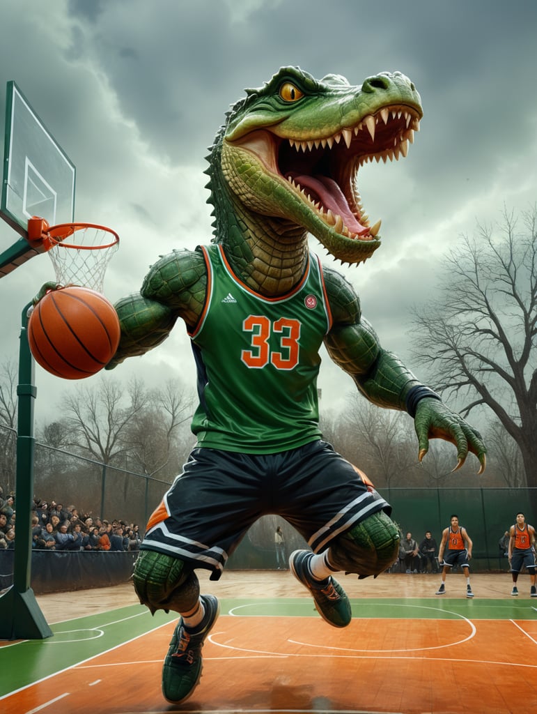 A furious alligator basketball player, dunk, green outfit, basketball court outdoor in background, winter, manga style