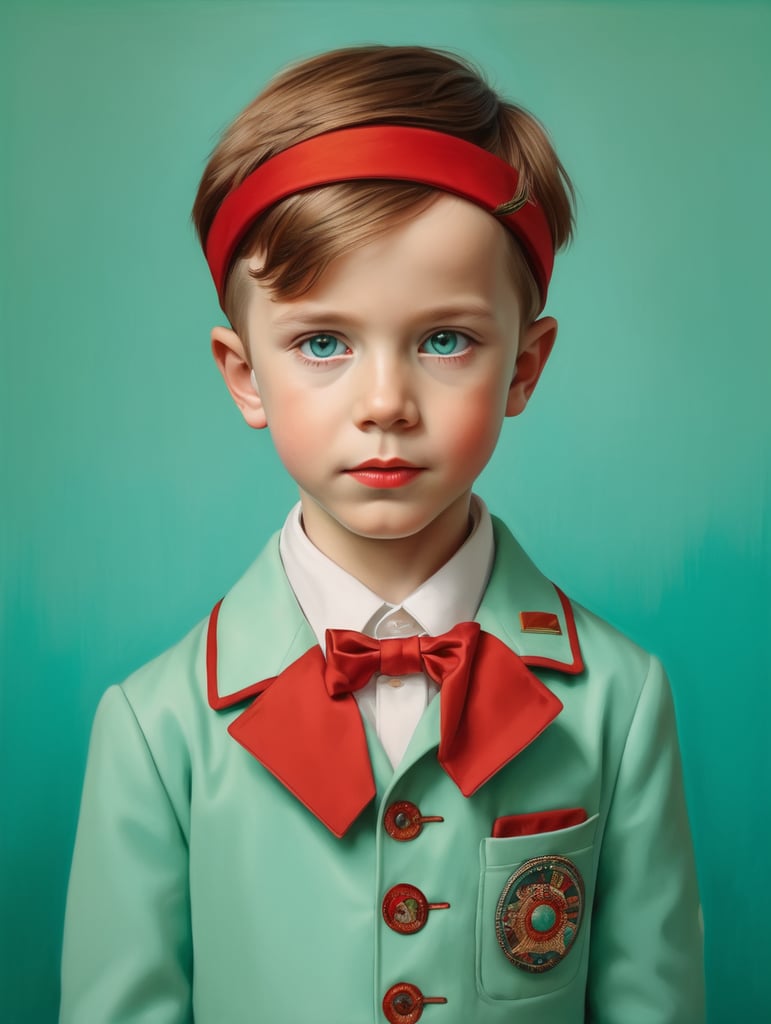 Portrait of child, half lenght, Wes Anderson style, Incredibly high detail, Bright colors, turquoise green and red colors,