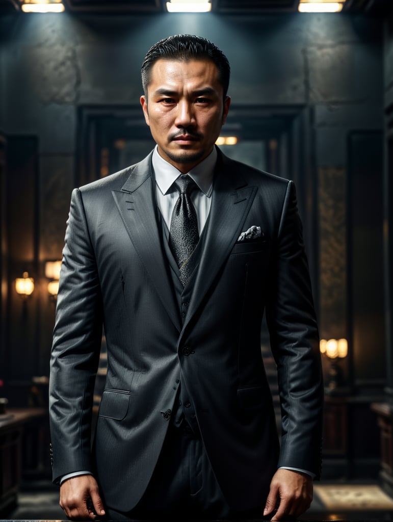 Portrait of a Chinese mafia boss in formal suit