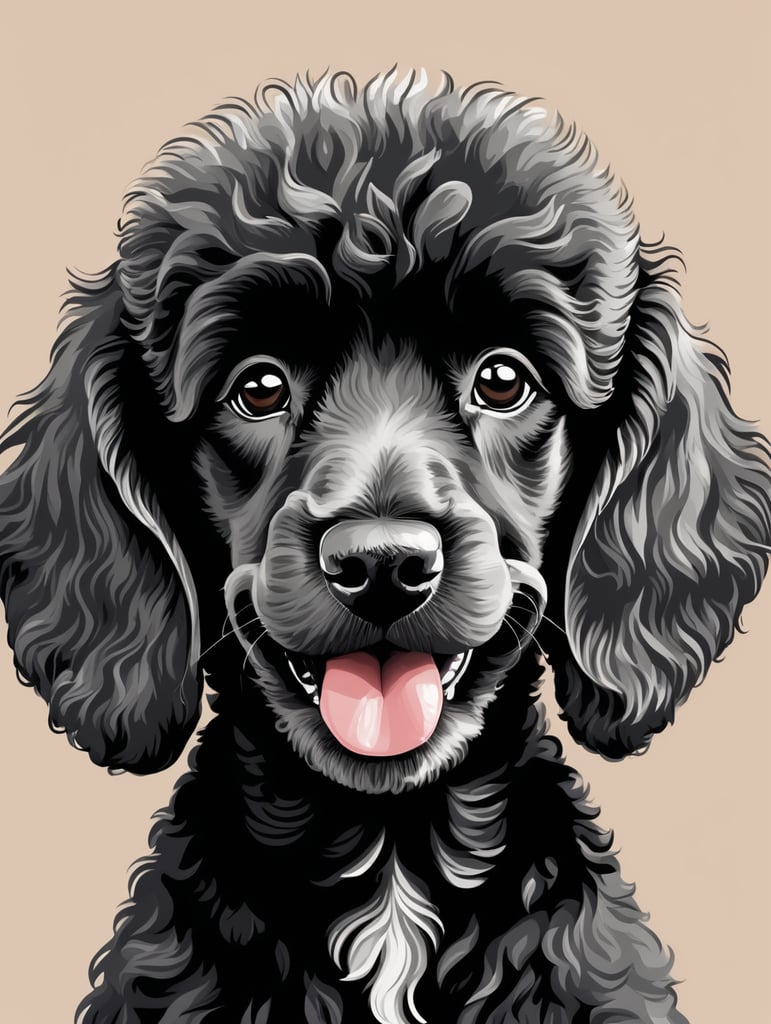 animal drawing of happy black poodle puppy face in vector style