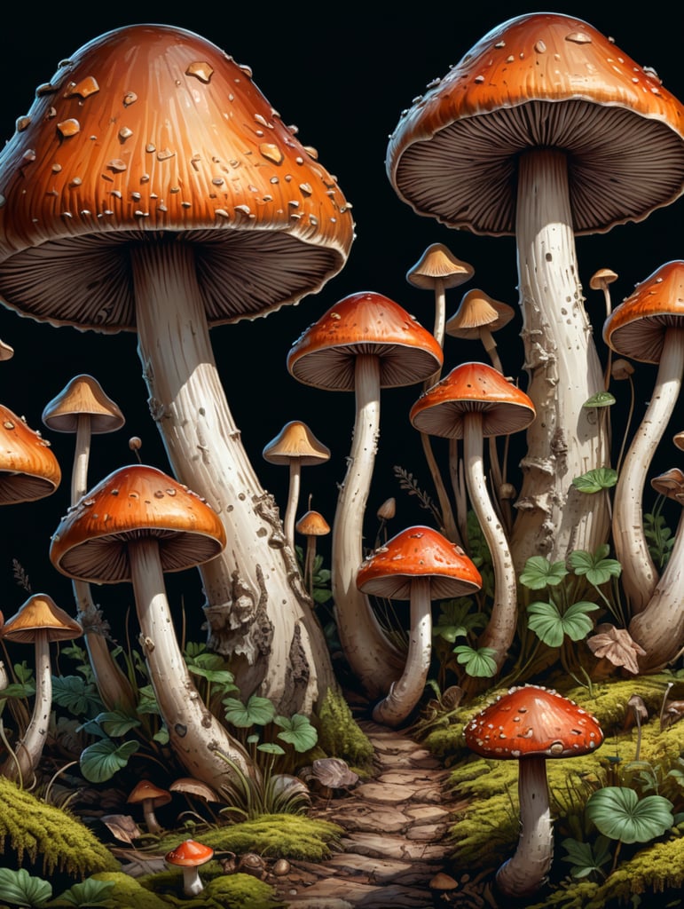 Mushrooms in the style of basic simple line art vector comic art on white background