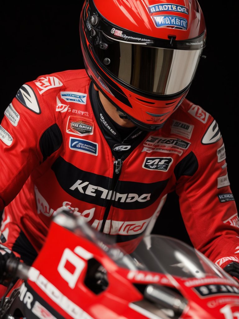 portrait of motogp racer on a bike, red colors, on the background of the race track