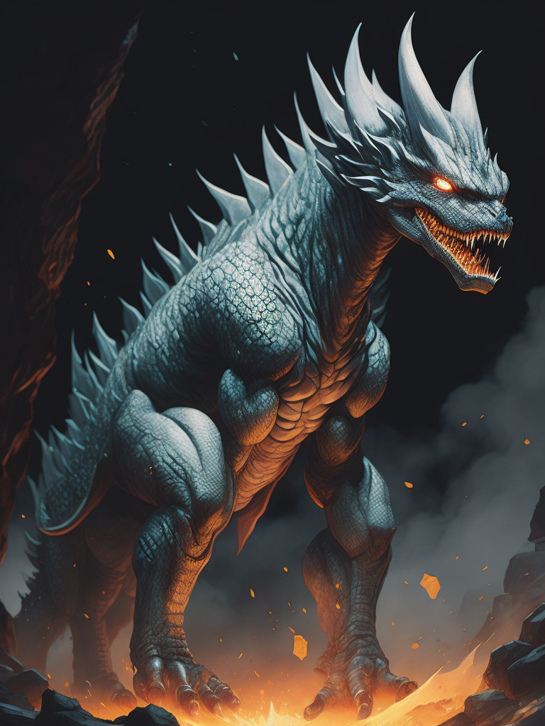 Kaiju with many sharp jagged ice crystals protruding from its back that have the ability to freeze the earth, has two dragon-like hind legs, bioluminescent scales all over its body, two arms with sharp claws attached, dragon-like neck & head including many sharp teeth, two eyes, and a snout. It also includes a long tail with sharp crystals at the tip to also be used as a weapon.