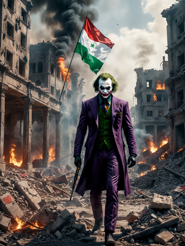 Joker Solidarity with Palestine, City Ruins, Palestinian Flag, Smoke and Destruction, Cinematic, epic detail, tracing detail