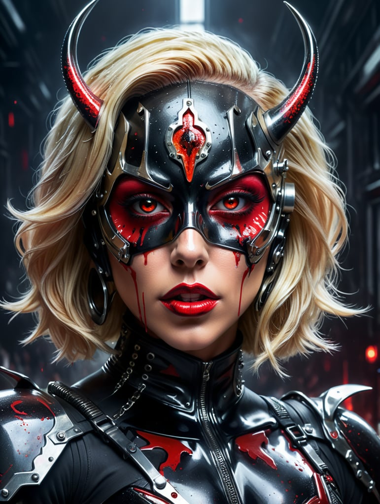 an album cover of Lady Gaga with black and blonde hair (each side of her head has a different color on her hair) she has red eyes and she has blood coming out of her eyes and she has a black sparkly mask around her eyes she is wearing a metal outfit and its very futuristic and she is posing on a platform shes holding a knife in her neck and blood is dripping