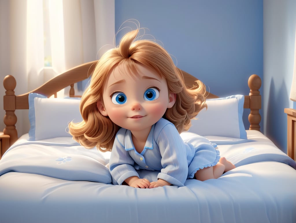 Light brown haired, blue eyed little girl waking up in bed