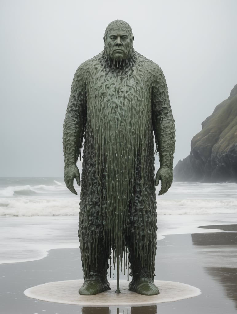 A full figure, tall and thin, made of sea water covered in salt, and dripping with wet seaweed. Facing the front and looking straight ahead.