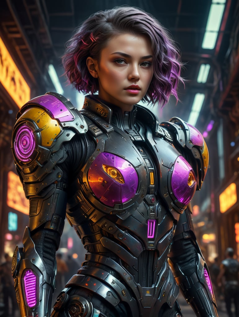 A beautiful model with short flowing hair in bright voluminous clothes, battalions, in the style of cyberpunk and glamour