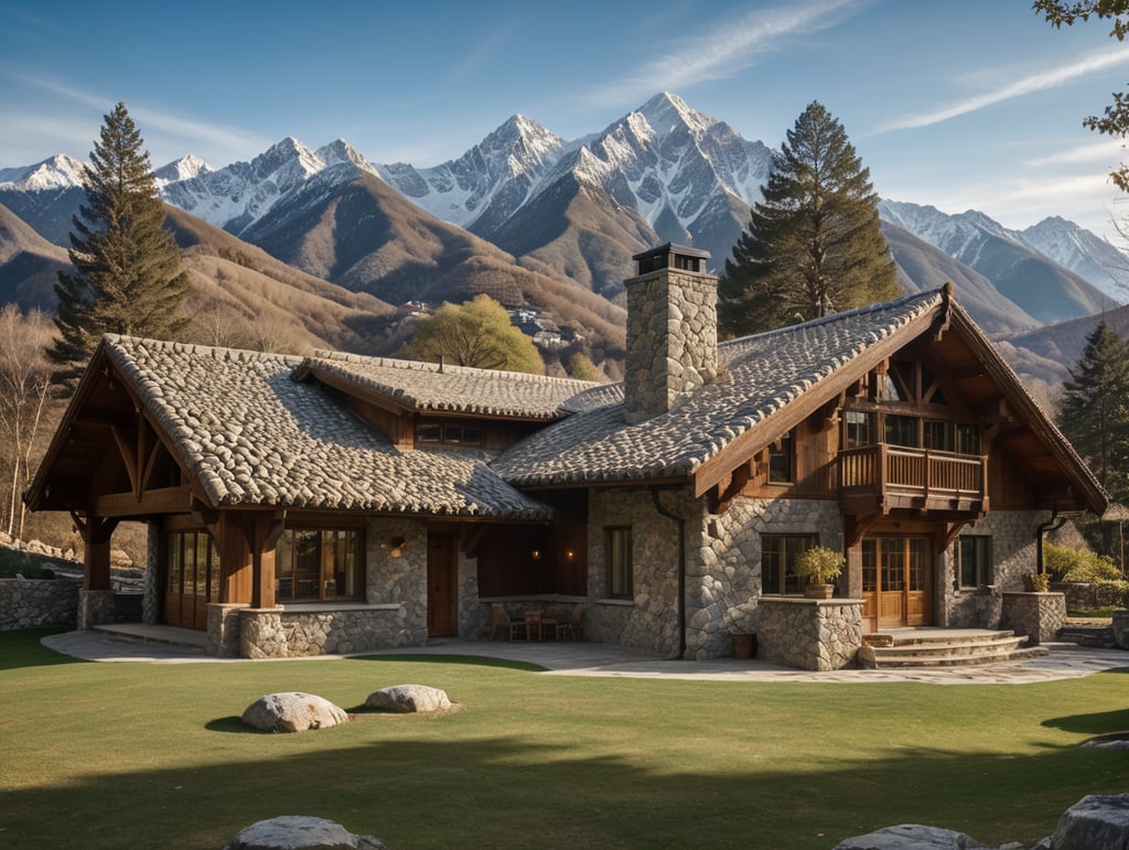 mountain house built of stone, with large windows, mountains in the background