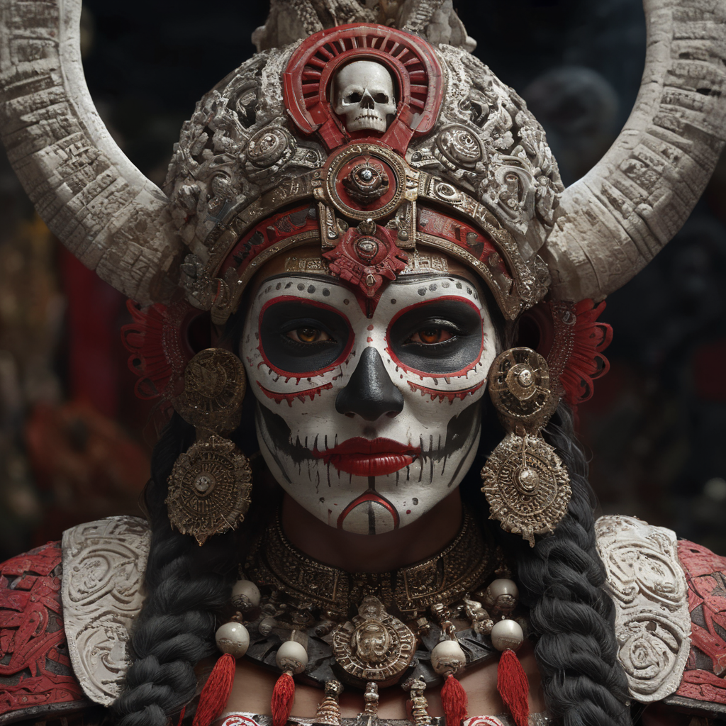 Itzpapalotl, aztec deity, woman with a skull face, black, red and white