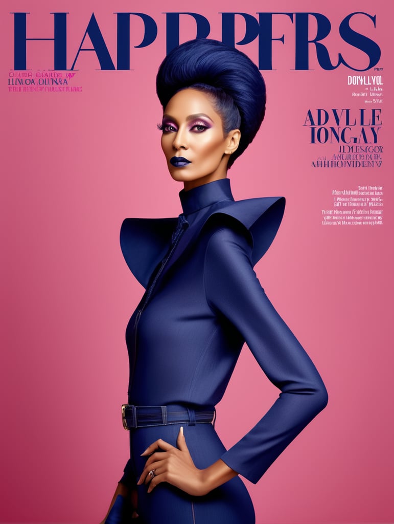 Donyale luna, avant-garde, simplygo, photoshoot spread, dressed in all indigo, pink background, harpers bizarre, cover, headshot, hyper realistic