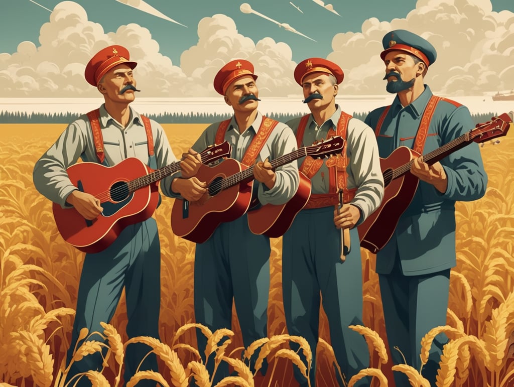 drawing of soviet landscape, large what fields filled with musicians instead of farmers in propaganda style