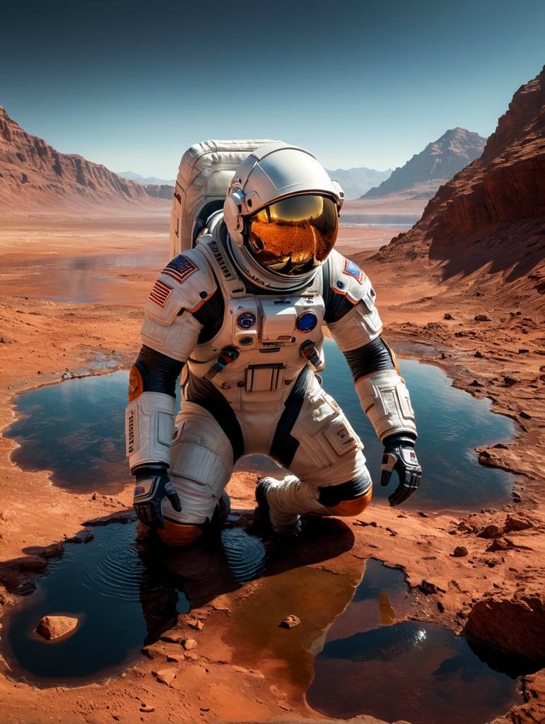 NASA astronaut kneeling down by the side of a water lake on planet mars, cupping his hands in the lake of martian water.