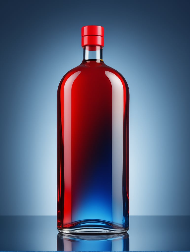 blank Liquor bottle, avant-garde, simplygo, photoshoot spread, all red, blue background, harpers bizarre, cover, headshot, hyper realistic, mockup